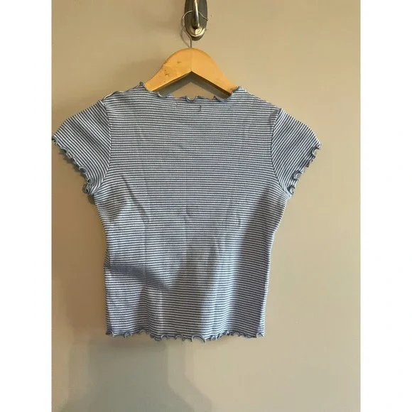 Brandy Melville Striped Ringer Tee Lettuce Edge Crop Top Blue White - Picture 3 of 3